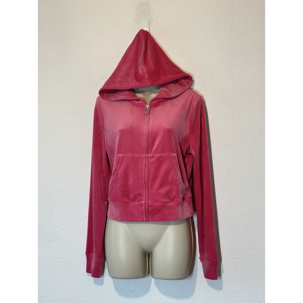 Juicy Couture Y2K Pink Velour Full Zip Hoodie Back Rhinestone Bling M Soft Girl